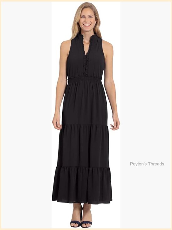 Smocked Waist Ruffle Neckline Maxi Dress - Sleeveless Pull On